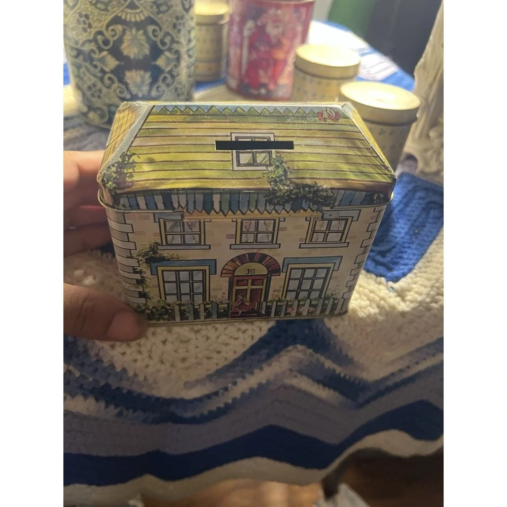 Vintage Collectible Tin Lot of 5 Charles Chips Winter Peacock Chinoiserie Bank